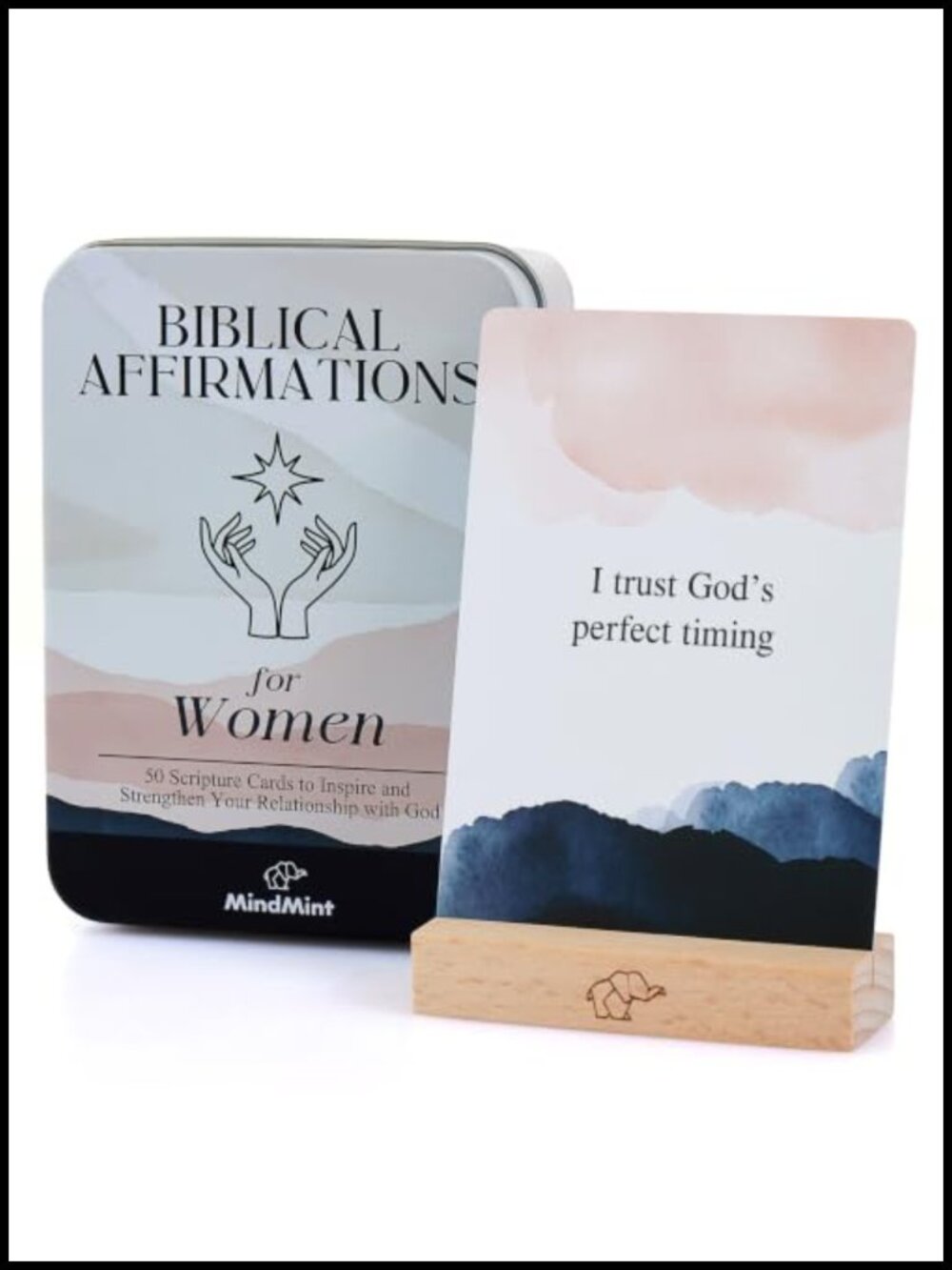 Scripture Cards 50 Bible Verse Affirmation Cards Metal Box Wood Stand 350GSM